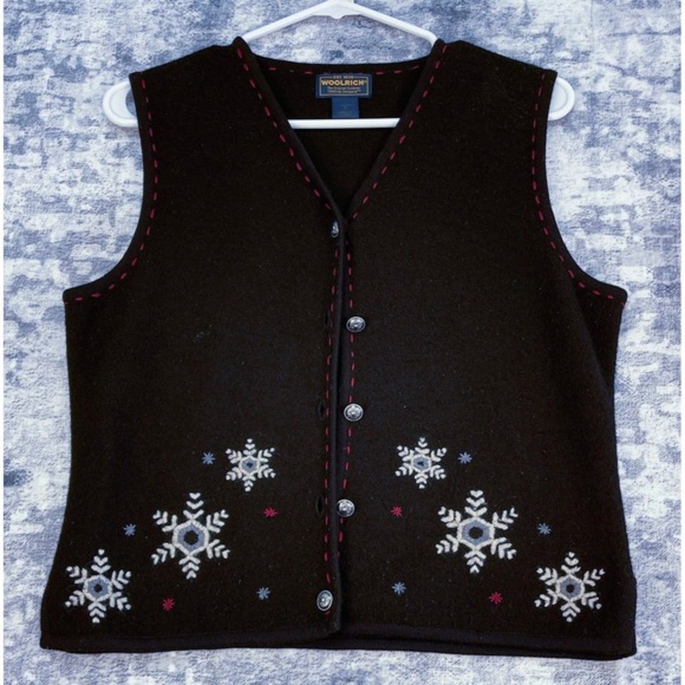 Woolrich Womens Vest Black Snowflake‎ Embroidered V-Neck Button Front Size M